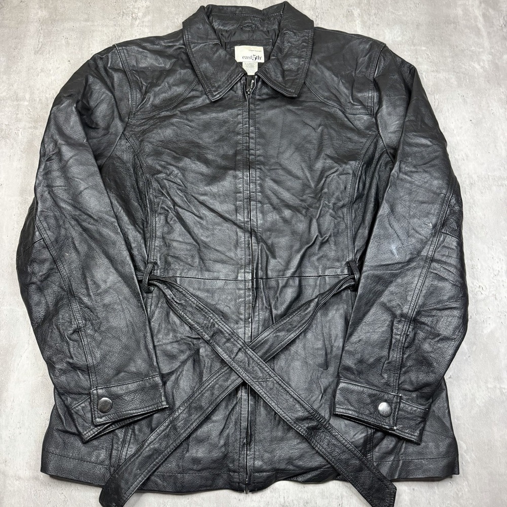East 5th Jacket L Black Leather Belted Waist Full Zip Pockets Biker 74373